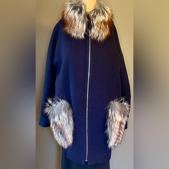 KENT COLLECTION Navy Cashmere & Wool Coat With Removable Fur Pockets/Collar Sz S - Picture 2 of 8